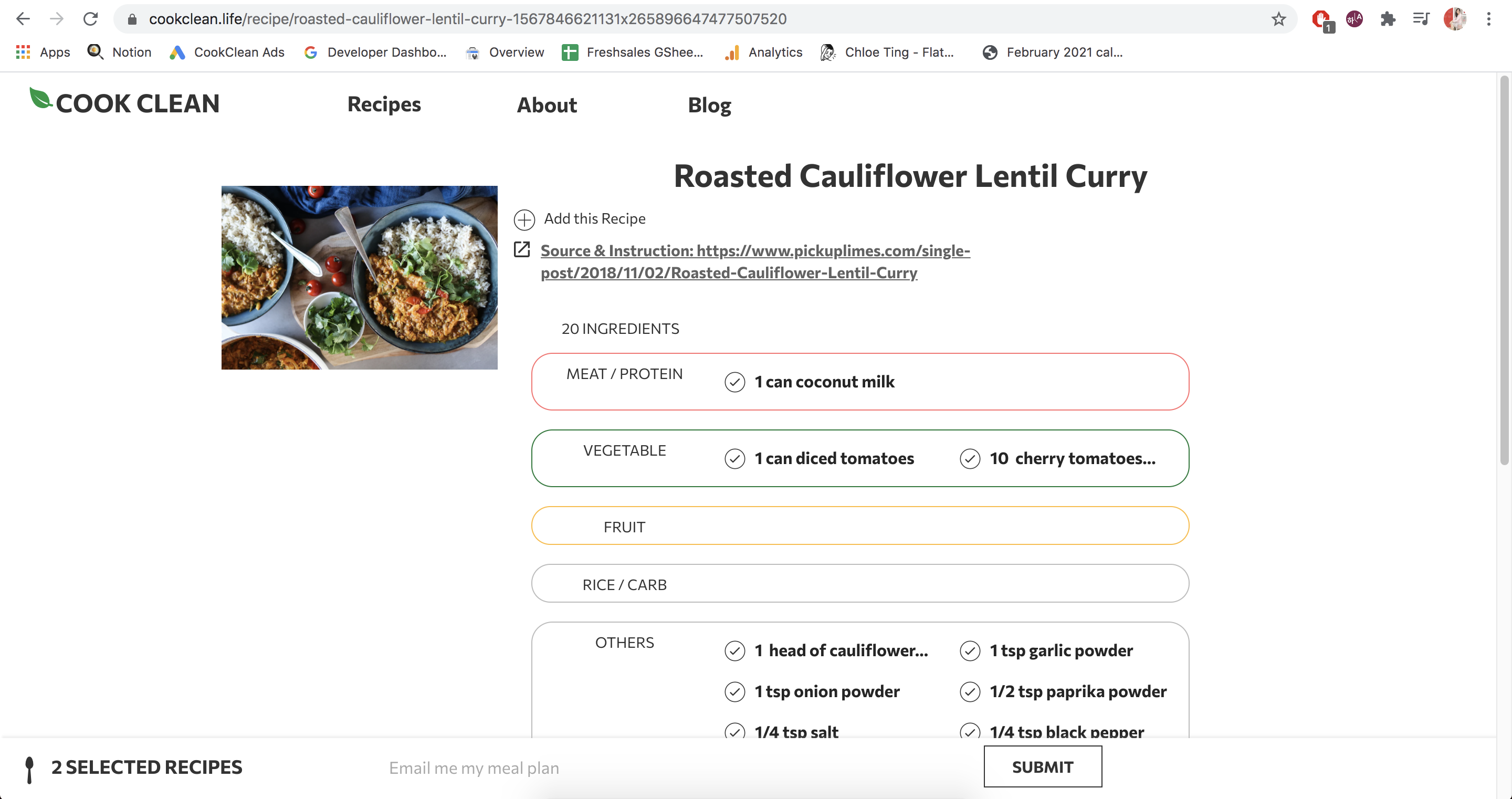 Individual recipe page: Show detailed ingredients of a recipe